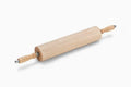A beige 14 inch heavy duty rolling pin made of wood, with a metal shaft and end cap.