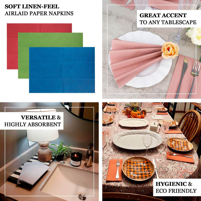 Colorful airlaid paper napkins in blue, green, and red for versatile table settings.