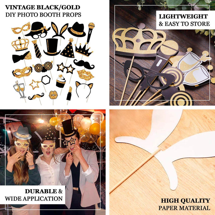 Vintage black and gold DIY photo booth props set for parties and events.