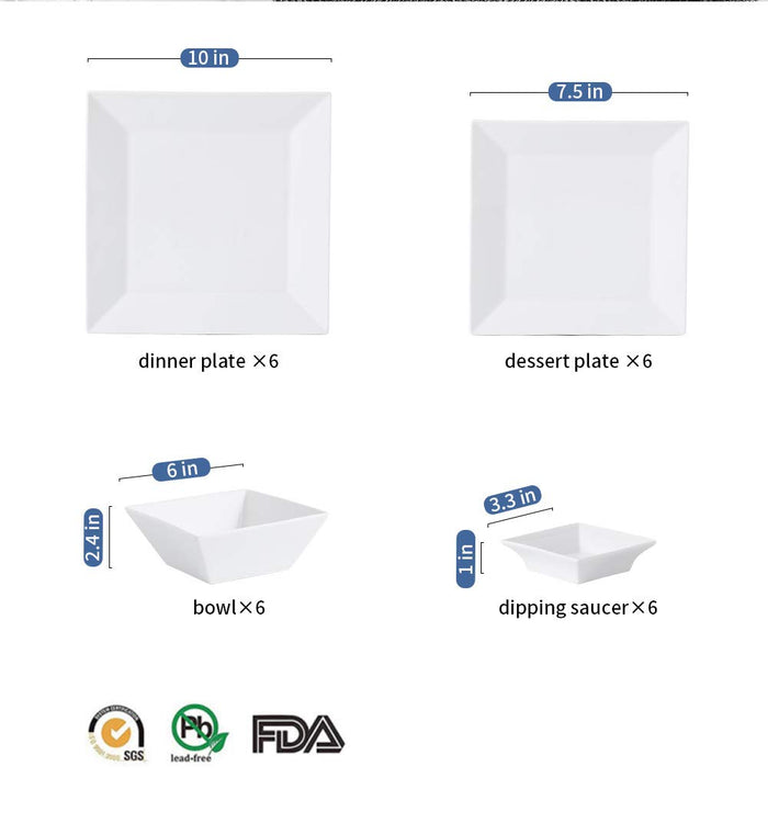24-Piece Square Dinnerware Set for 6, White Porcelain