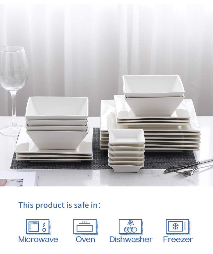 24-Piece Square Dinnerware Set for 6, White Porcelain