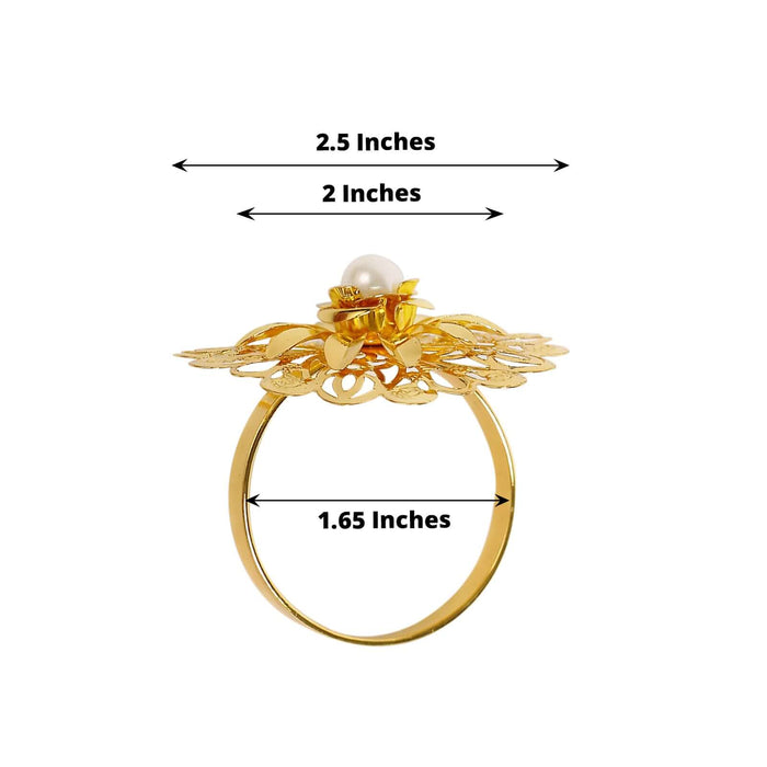 Gold floral ring with pearl center, dimensions 2.5x2x1.65 inches.