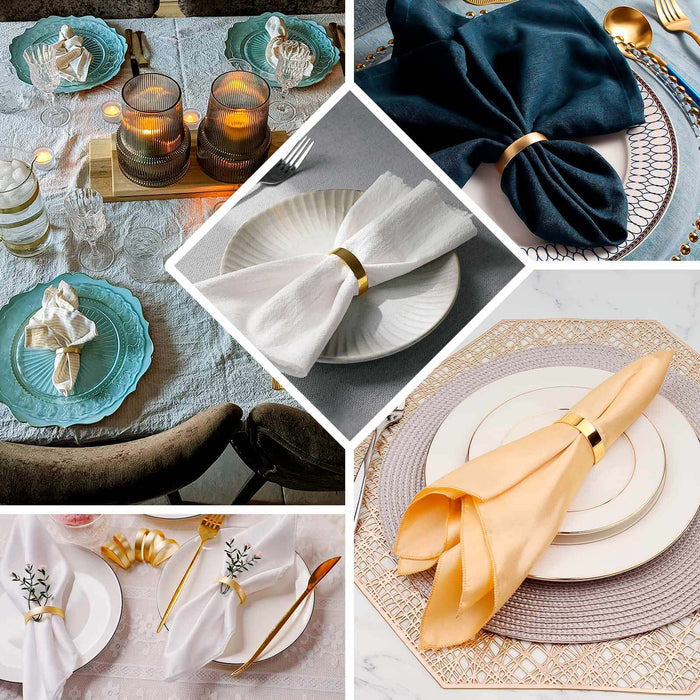 Elegant napkin rings on beautifully set dining tables in various styles.