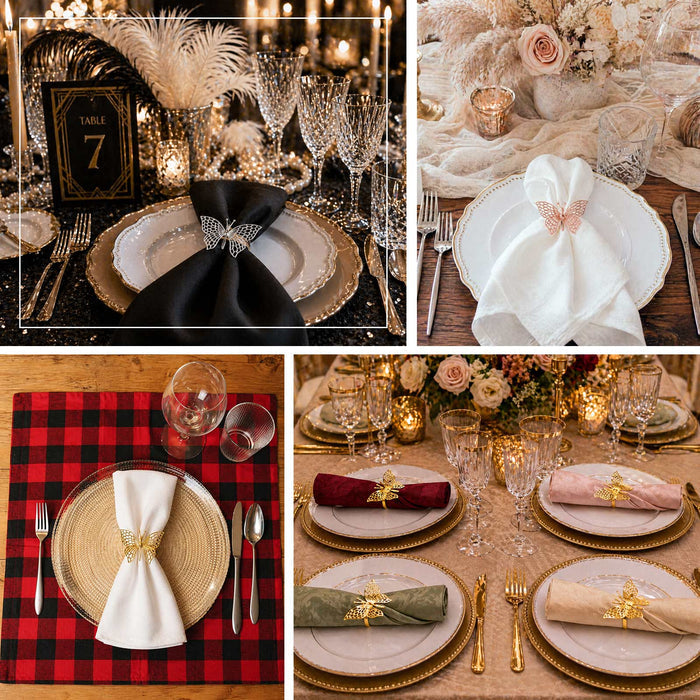 Elegant butterfly napkin rings on luxurious wedding table settings collage