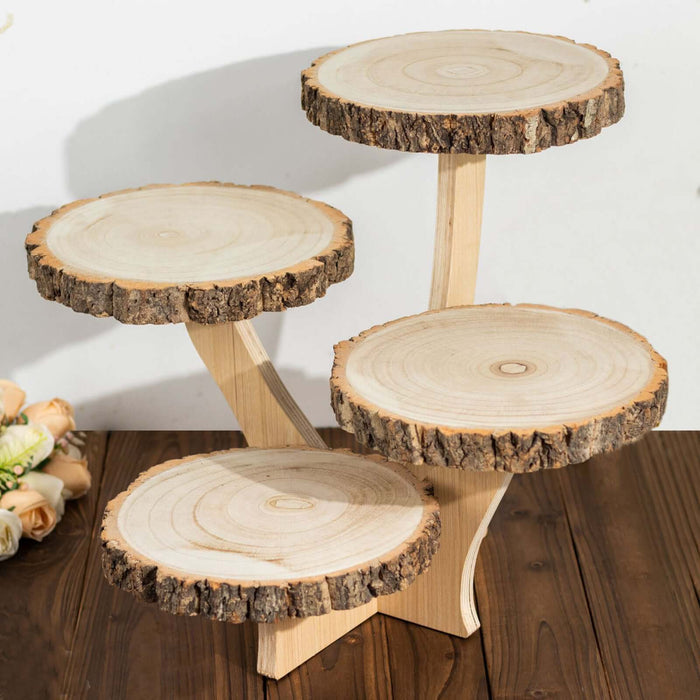 Wooden tiered display stand with natural bark edges.