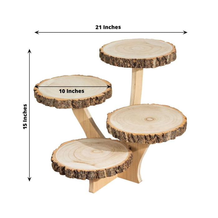 Wooden display stand with four circular shelves, measuring 21x15 inches.