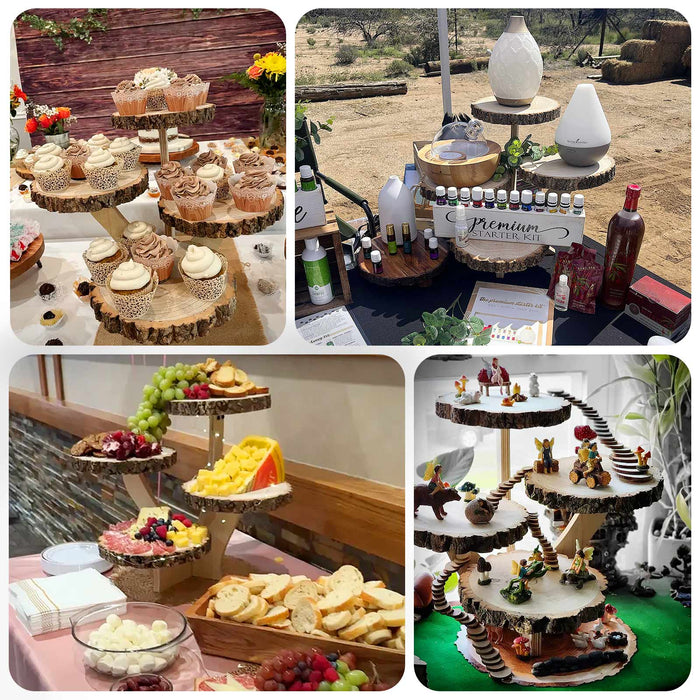 Assorted dessert and cheese platters on rustic wooden stands at events.