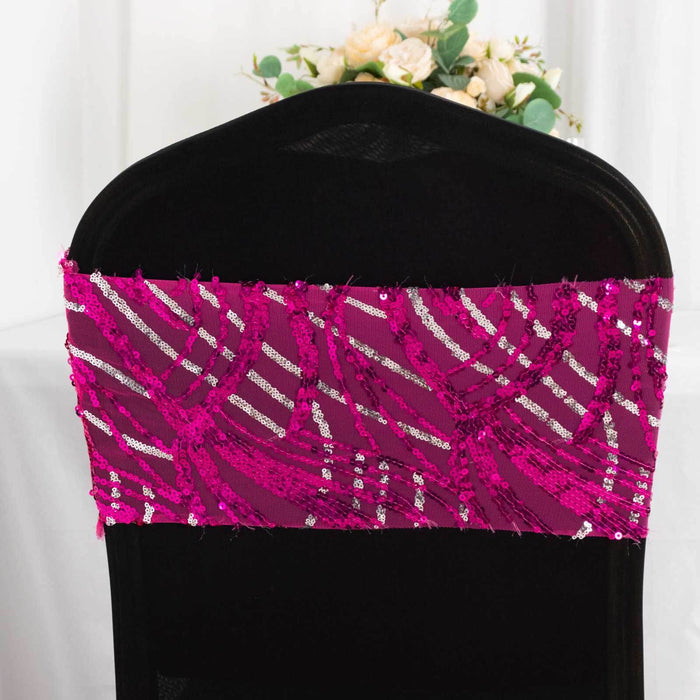 Pink sequin chair cover with a decorative design for events and celebrations.