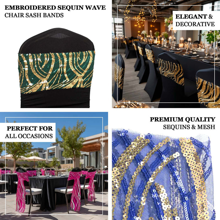Embroidered sequin wave chair sash bands in elegant colors for all occasions.