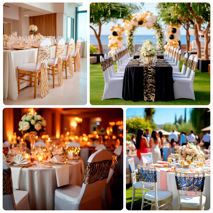 Elegant event table settings with floral centerpieces and stylish chair decor.