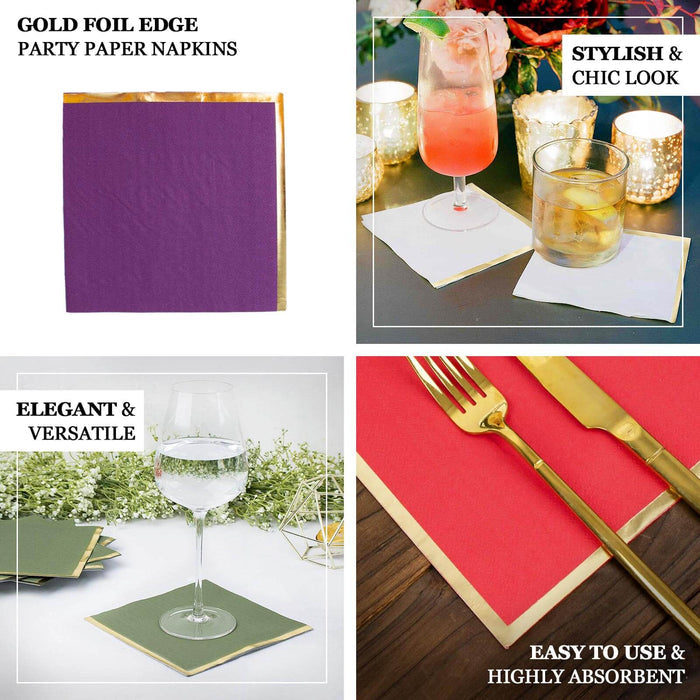 Gold foil edge party paper napkins in purple and red, stylish and versatile for events.