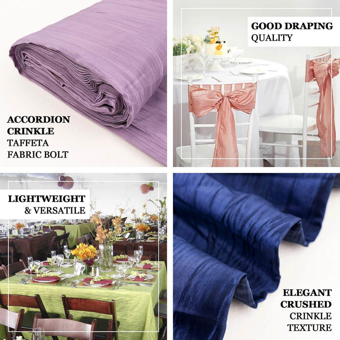 Accordion crinkle taffeta fabric bolt in purple, showcasing texture and versatility.