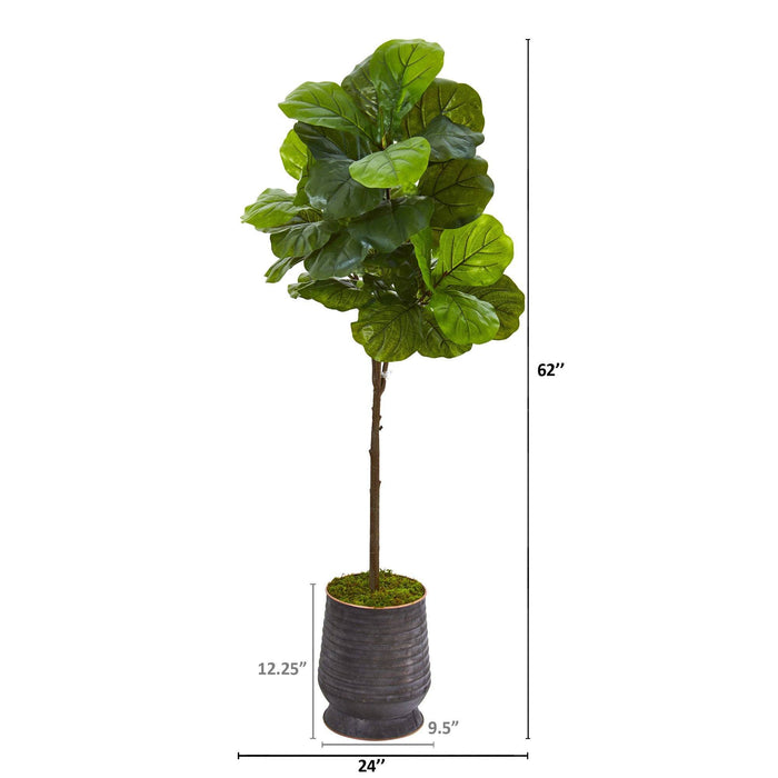 62” Fiddle Leaf Artificial Tree in Ribbed Metal Planter (Real Touch)