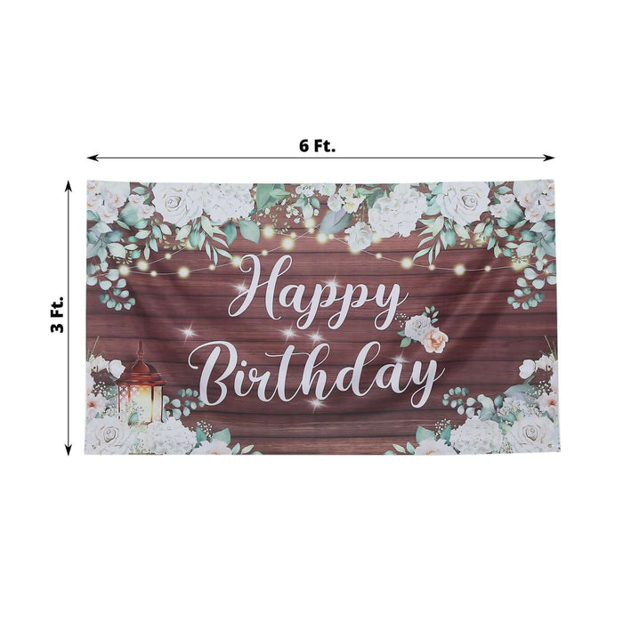 "Happy Birthday banner with floral design on a wooden background, 6ft x 3ft"