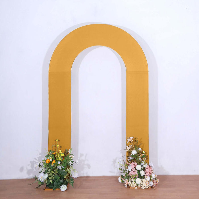 Yellow arch with floral arrangements on both sides