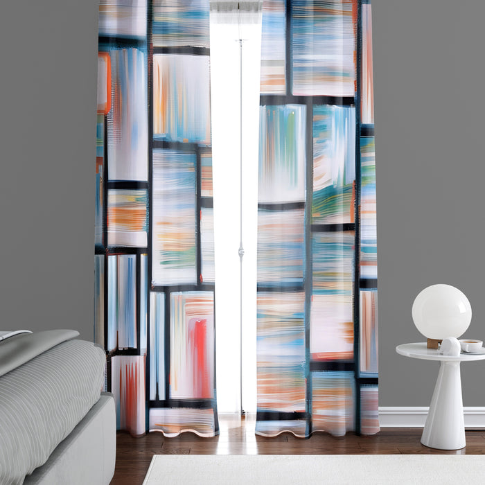 Abstract Window Curtain - Blue and Red Geometric Stained Glass - Deja Blue Studios
