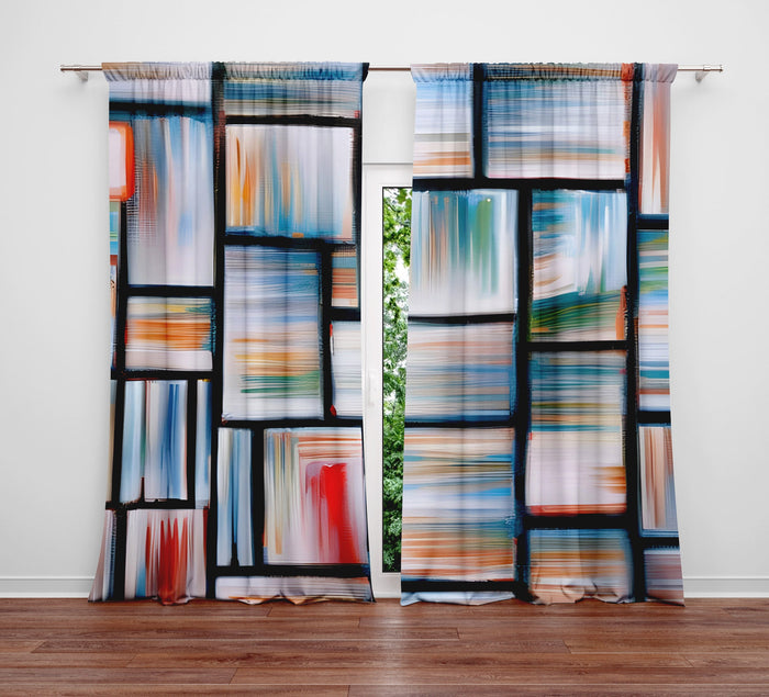 Abstract Window Curtain - Blue and Red Geometric Stained Glass - Deja Blue Studios