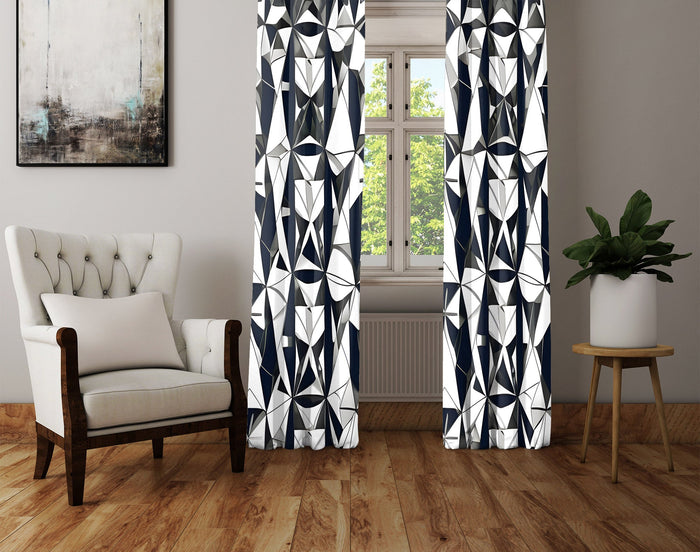 Abstract Window Curtain - Fractured Black and White Geometric Shapes - Deja Blue Studios