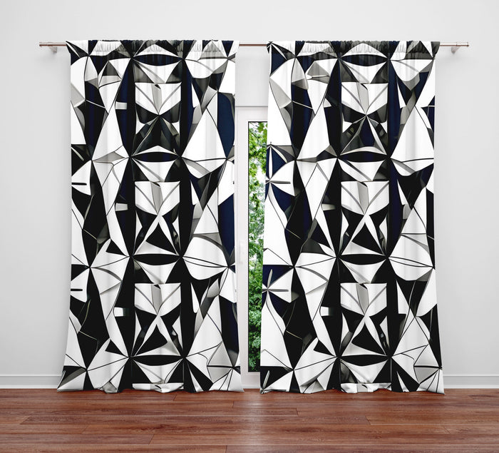 Abstract Window Curtain - Fractured Black and White Geometric Shapes - Deja Blue Studios