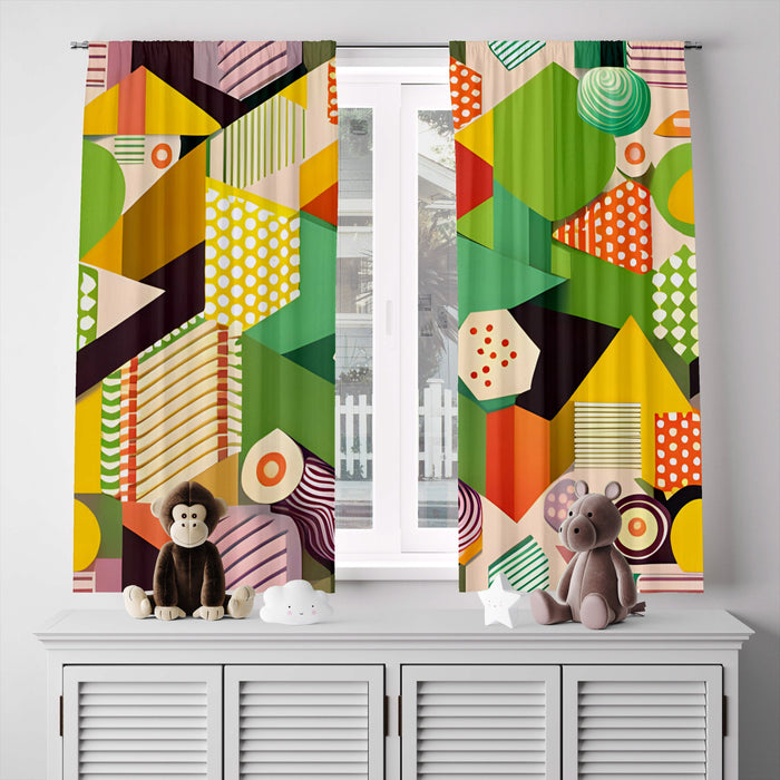 Abstract Window Curtain - Orange and Green Geometric Shapes - Deja Blue Studios