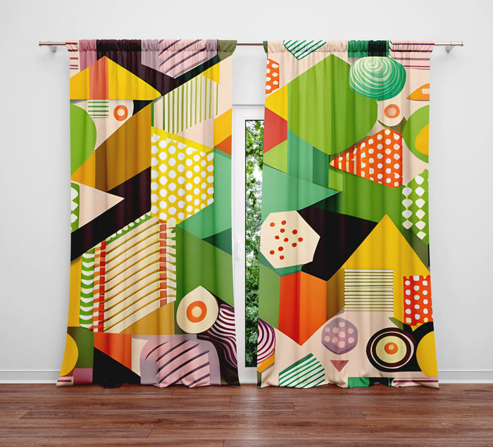 Abstract Window Curtain - Orange and Green Geometric Shapes - Deja Blue Studios