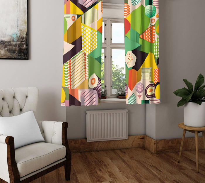 Abstract Window Curtain - Orange and Green Geometric Shapes - Deja Blue Studios
