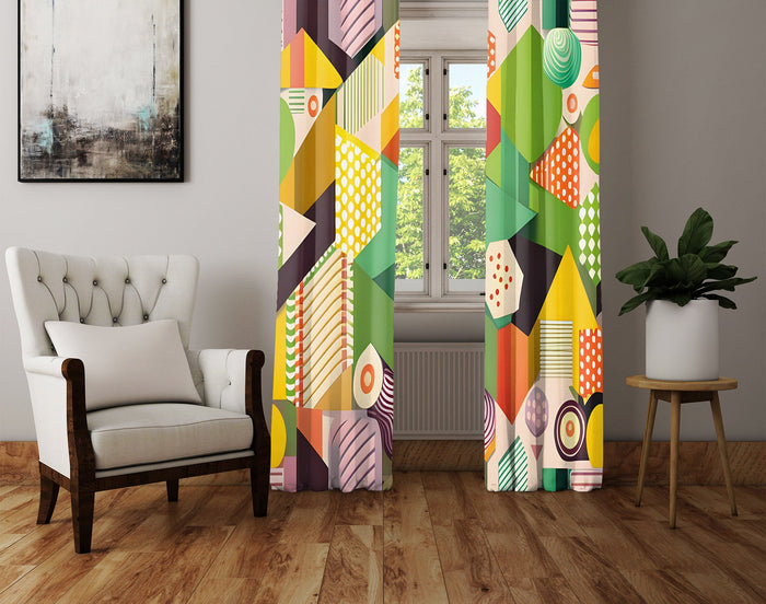 Abstract Window Curtain - Orange and Green Geometric Shapes - Deja Blue Studios