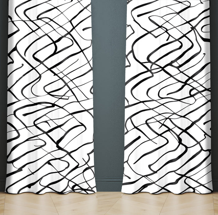 Abstract Window Curtain - Wavy Black and White Stripes - Deja Blue Studios
