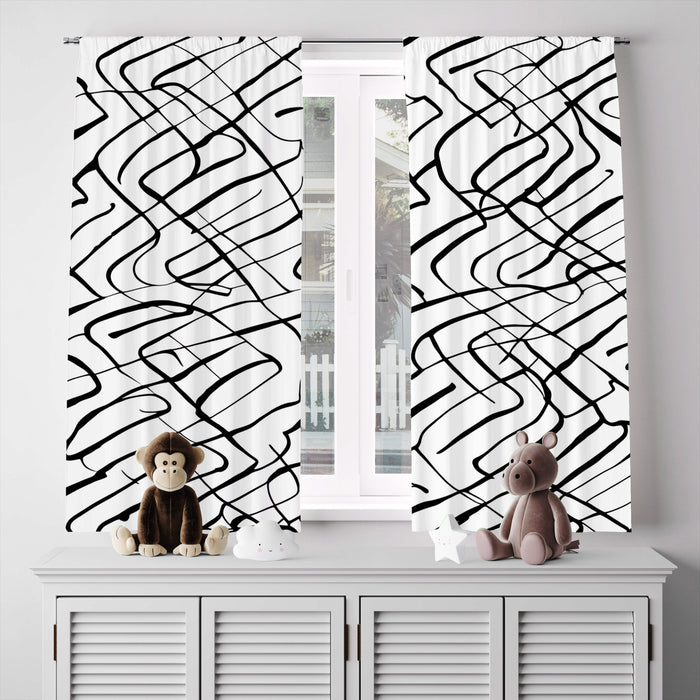 Abstract Window Curtain - Wavy Black and White Stripes - Deja Blue Studios