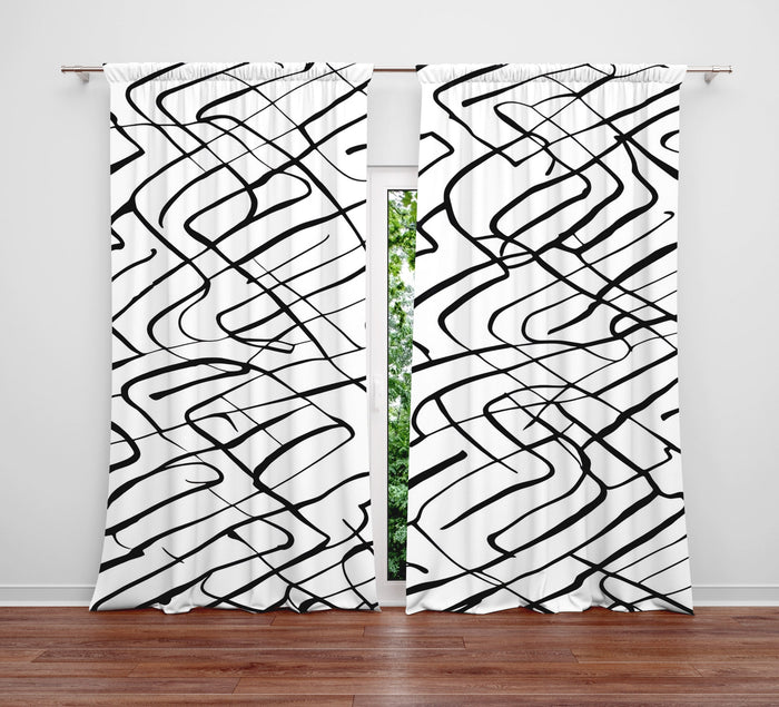 Abstract Window Curtain - Wavy Black and White Stripes - Deja Blue Studios