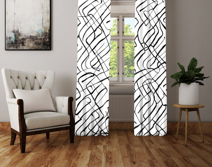 Abstract Window Curtain - Wavy Black and White Stripes - Deja Blue Studios
