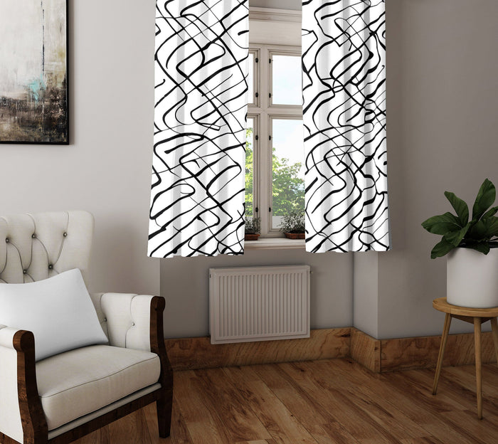 Abstract Window Curtain - Wavy Black and White Stripes - Deja Blue Studios