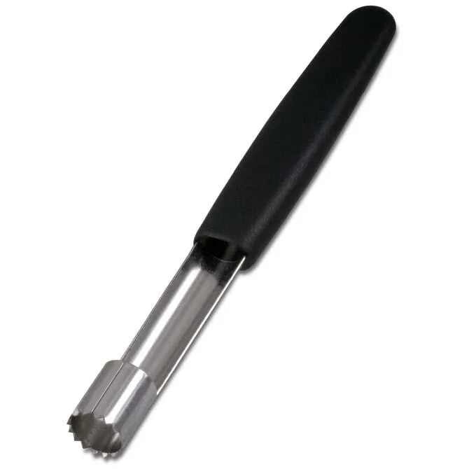A black-handled apple corer with a silver metal tip, approximately 7 inches in length.