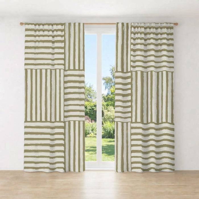 Beige Woven Basketweave Geometric Pattern Window Curtains