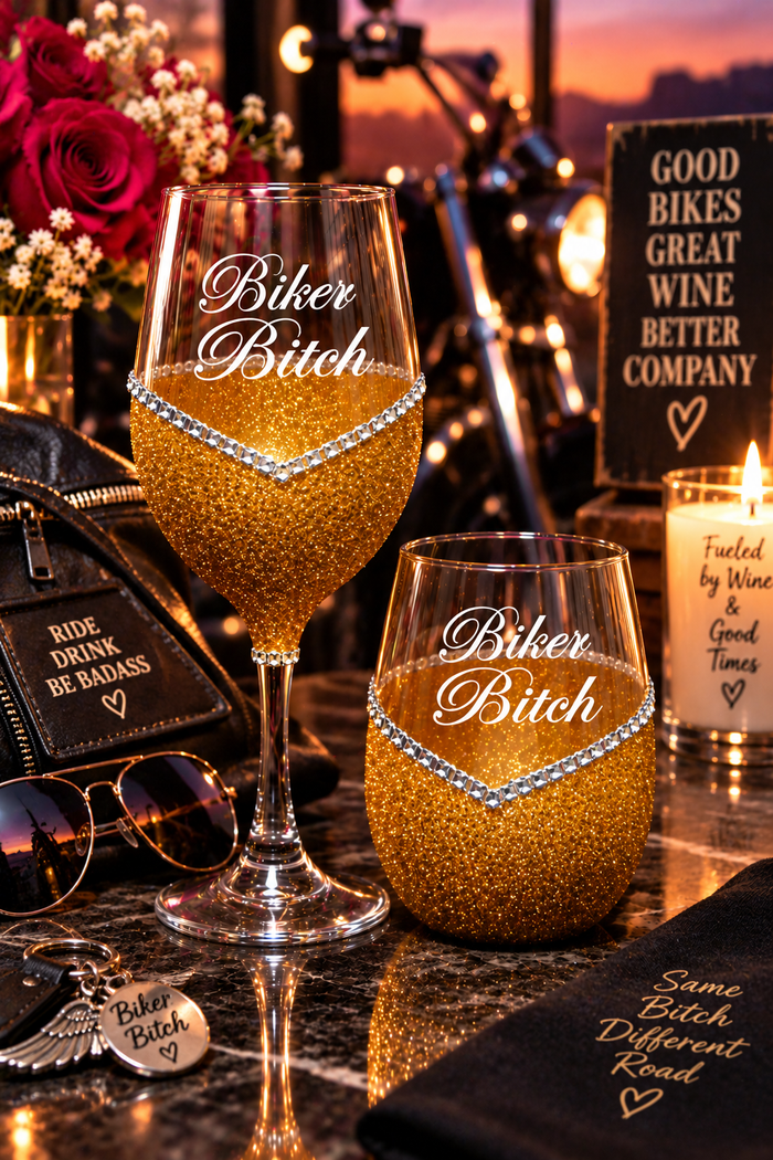 Biker Bitch – Bling Glitter Glass Wine Glass (The Bitch Collection)