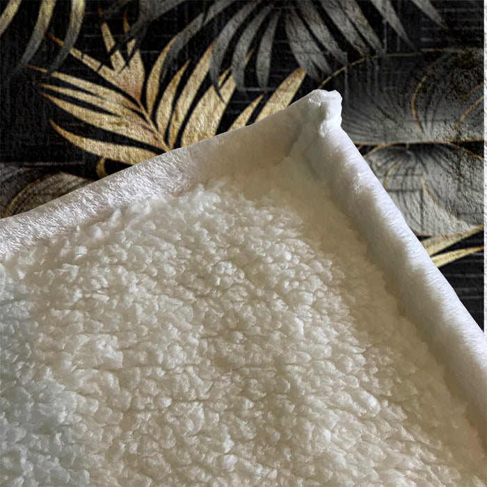 Black and Gold Tropical Palm Leaf Pattern Fleece Sherpa Blanket