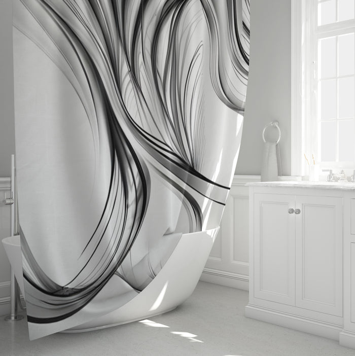 Black and White Fluid Line Pattern Shower Curtain