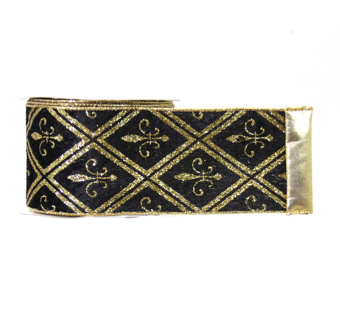 Black Velvet w/ Gold Fleur De Lis Reversible Ribbon