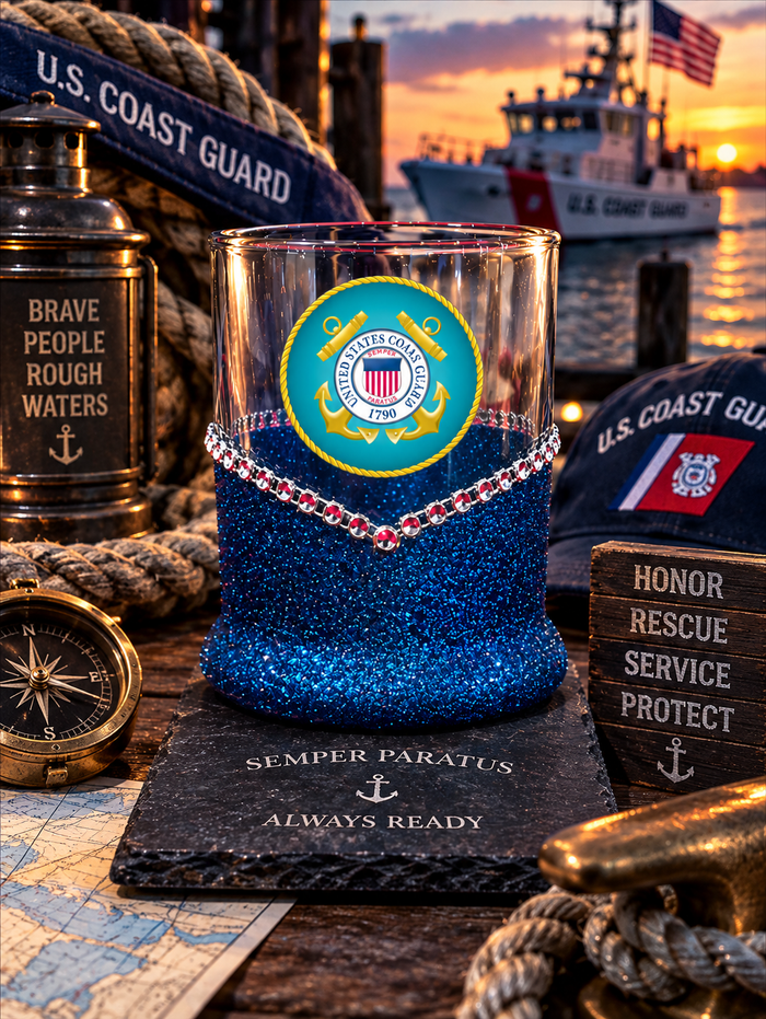 Blinged Coast Guard Military Whiskey-Highball Glasses-Choose Color