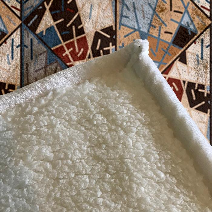 Blue and Beige Patchwork Geometric Mosaic Fleece Sherpa Blanket