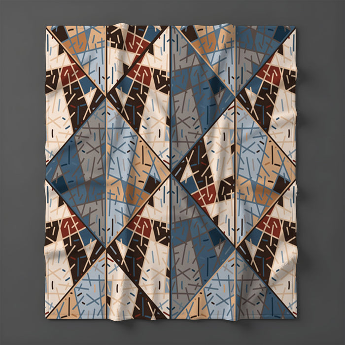 Blue and Beige Patchwork Geometric Mosaic Fleece Sherpa Blanket