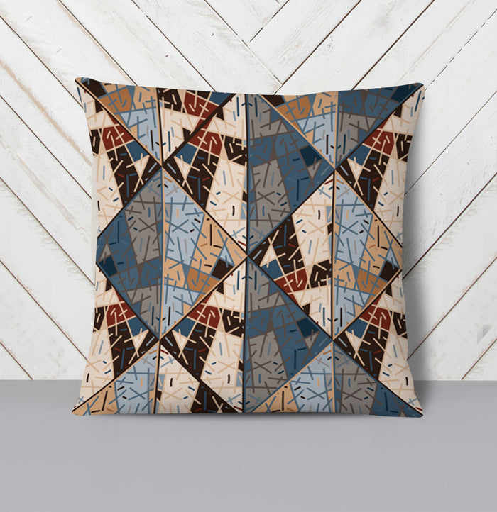 Blue and Beige Patchwork Geometric Mosaic Throw Pillow Cover