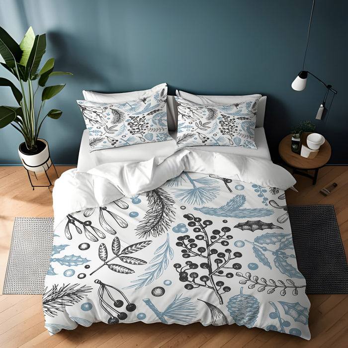 Blue Botanical Line Floral Pattern Duvet Cover