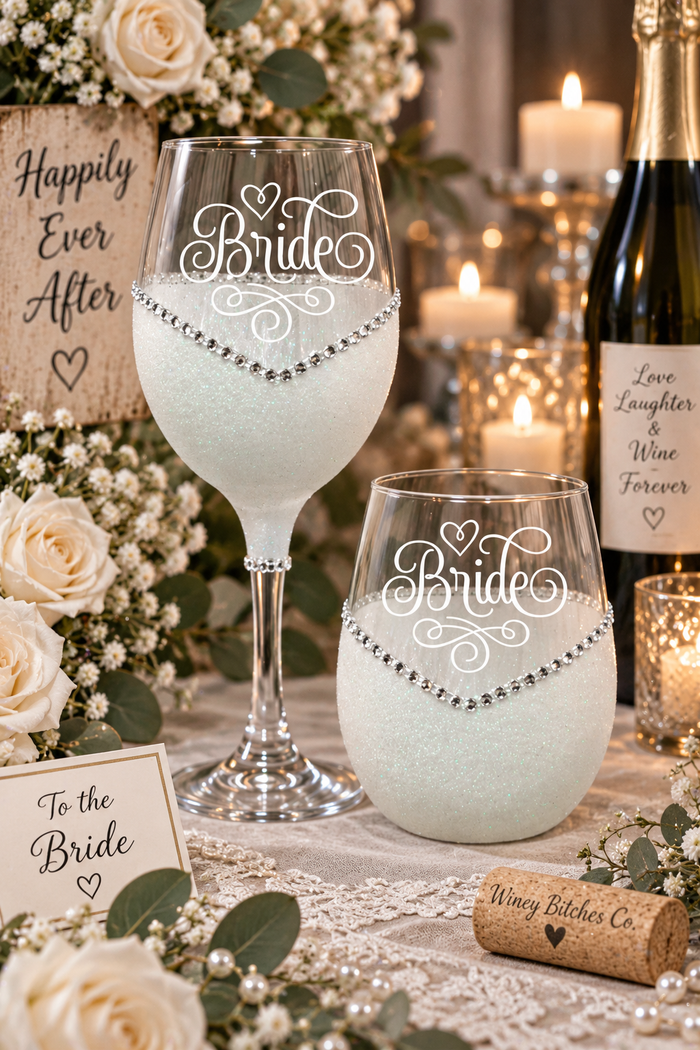 Bride (Heart Design) – Handmade Bling Wine Glass (Wedding Party Collection)