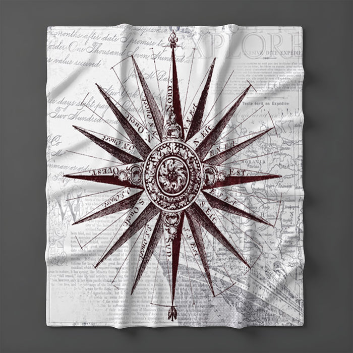 Brown Compass Star Nautical Illustration Fleece Sherpa Blanket