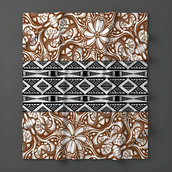 Brown Ornamental Stripe Tribal Pattern Fleece Sherpa Blanket