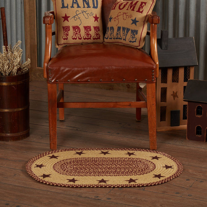 Burgundy and Tan Stencil Star Oval Braided Rug 20x30" - Primitive Star Quilt Shop