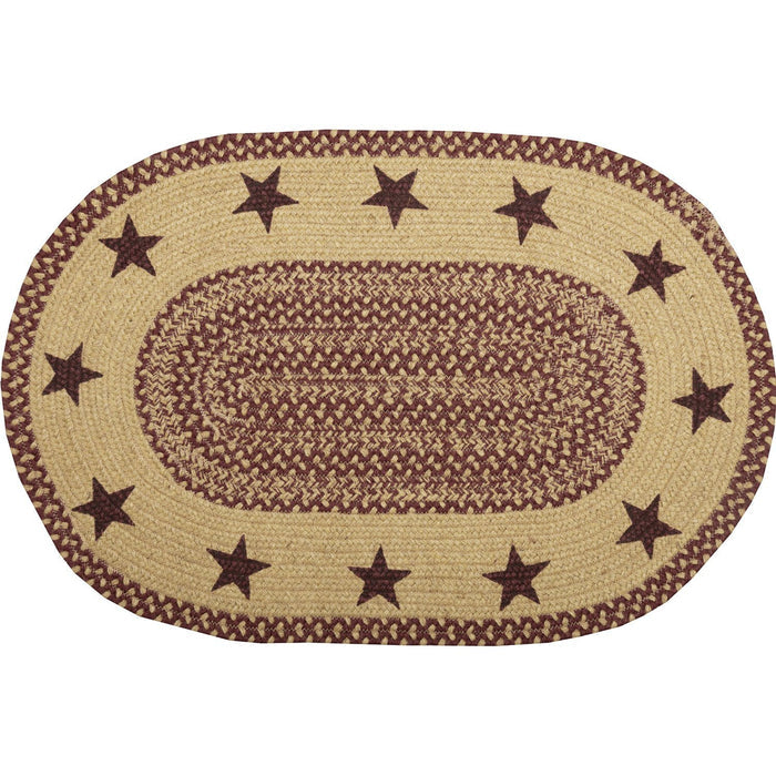 Burgundy and Tan Stencil Star Oval Braided Rug 20x30" - Primitive Star Quilt Shop