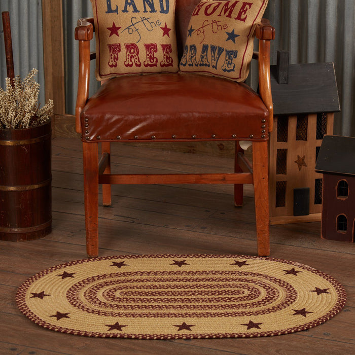 Burgundy and Tan Stencil Star Oval Braided Rug 24x36" - Primitive Star Quilt Shop