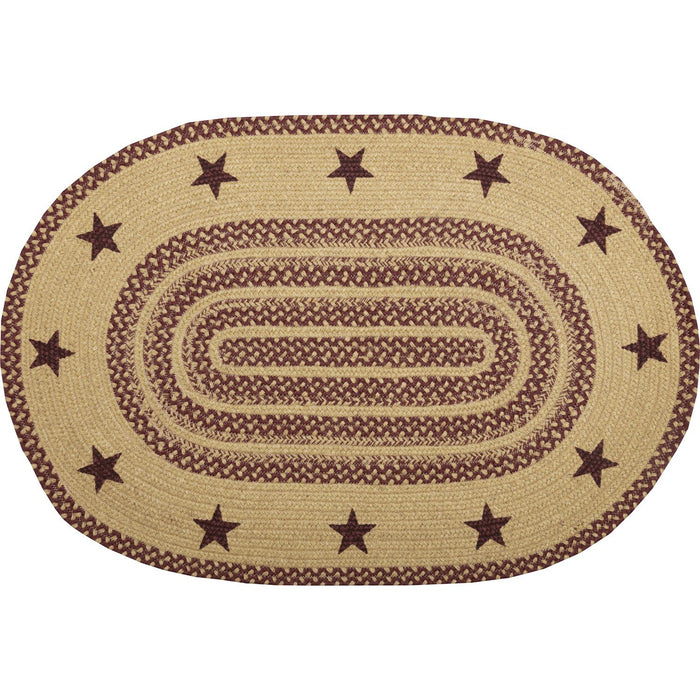 Burgundy and Tan Stencil Star Oval Braided Rug 24x36" - Primitive Star Quilt Shop